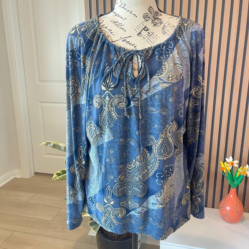 Ninety‎ Blue Paisley Print Long Sleeve Blouse Womens Bohemian Top